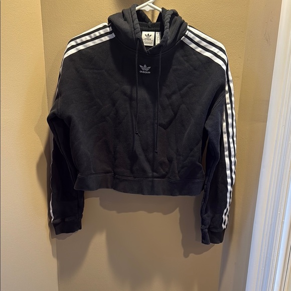 adidas Tops - Adidas Black Cropped Hoodie with White Stripes size XS women good condition